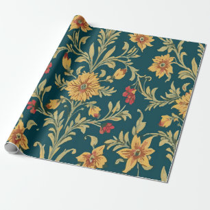 Vintage Red and Yellow Floral Pattern on Dark Blue Wrapping Paper