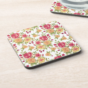 Vintage Red and Yellow Roses and Rose Bud Pattern Coaster