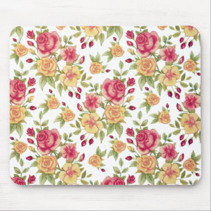 Vintage Red and Yellow Roses and Rose Bud Pattern Mouse Pad