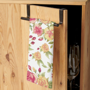 Vintage Red and Yellow Roses and Rose Bud Pattern Tea Towel