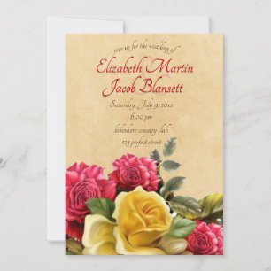 Vintage Red and Yellow Roses Floral Wedding, pink Invitation