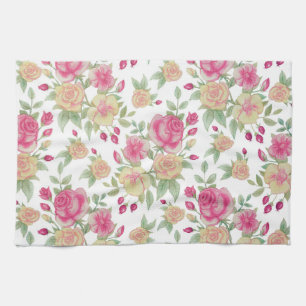 Vintage Red and Yellow Roses Watercolor Pattern Tea Towel