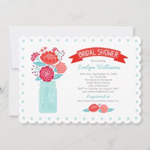 Vintage Red Aqua Floral Mason Jar Bridal Shower Invitation