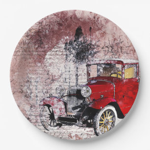Vintage Red Artistic Old Car  Paper Plate