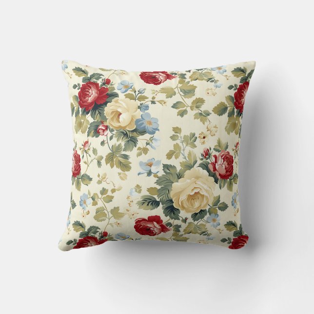 Vintage Red & Beige Elegant Roses Cushion (Back)