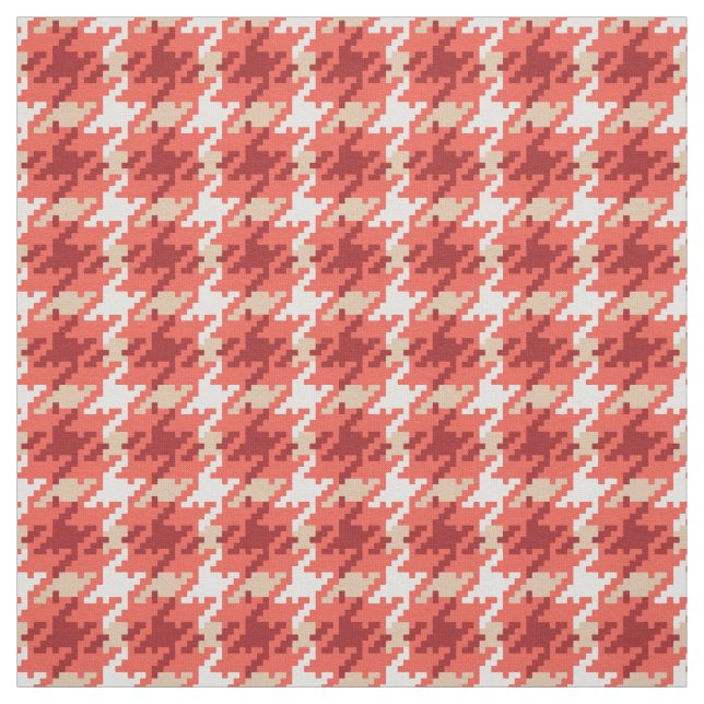 Vintage red beige houndstooth plaid pattern fabric (Swatch)