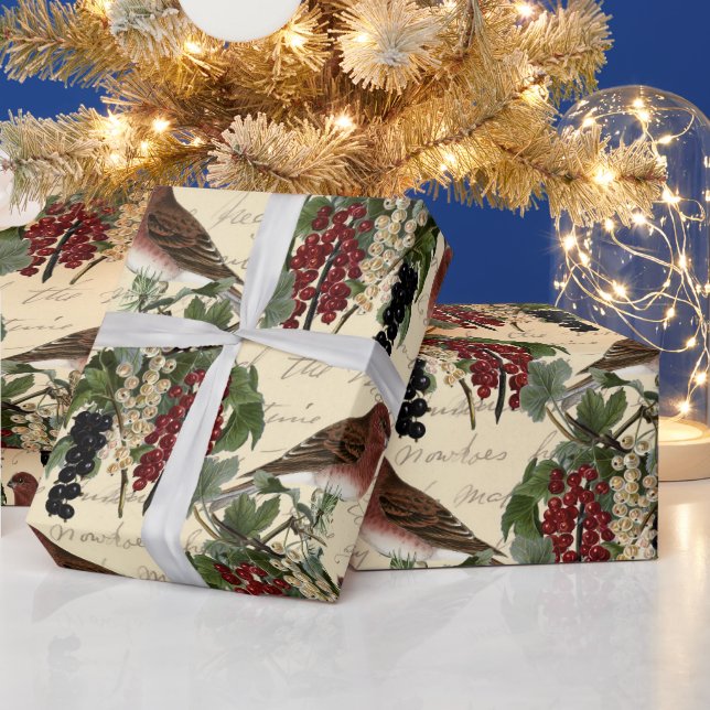 Vintage Red Berries Birds Script Christmas Wrapping Paper (Holidays)