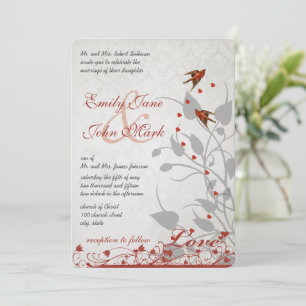 Vintage Red Birds Hearts on Silver Wedding Invites