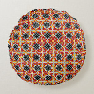 Vintage Red Black Barcelona Tile Geometric Art Round Cushion