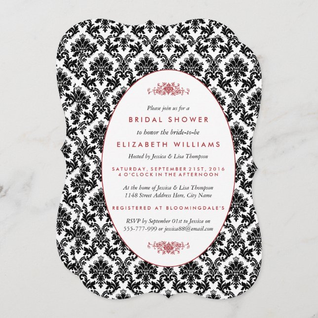 Vintage Red, Black & White Damask Bridal Shower Invitation (Front/Back)