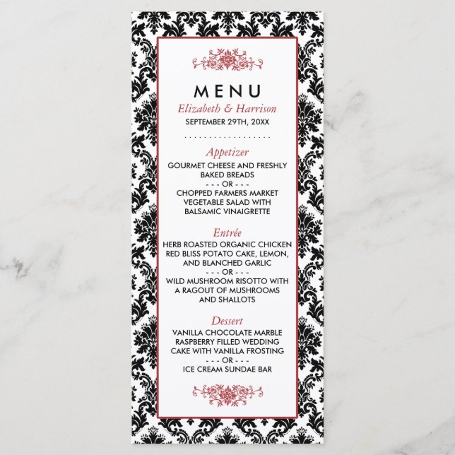 Vintage Red, Black & White Damask Wedding Menu (Front)