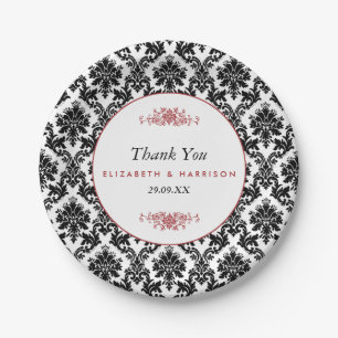 Vintage Red, Black & White Damask Wedding Paper Plate