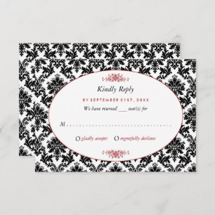 Vintage Red, Black & White Damask Wedding RSVP Card