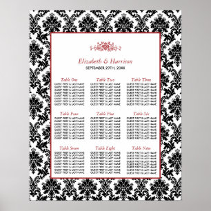 Vintage Red, Black & White Damask Wedding Seating Poster