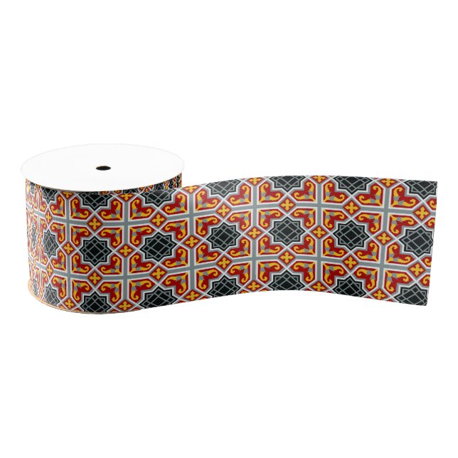 Vintage Red Black Yellow Barcelona Geometric Art Grosgrain Ribbon (Spool)