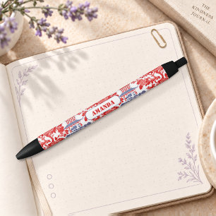 Vintage Red Blue Chinoiserie Delft Monogram Black Ink Pen