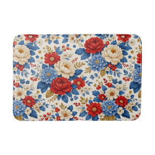 Vintage Red Blue Floral Folk Pattern Bath Mat