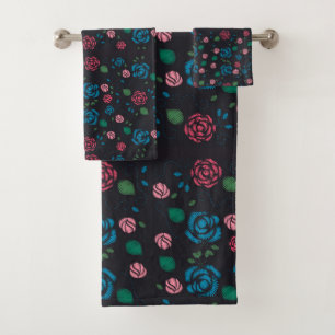 vintage red & blue Floral Pattern Bath Towel Set