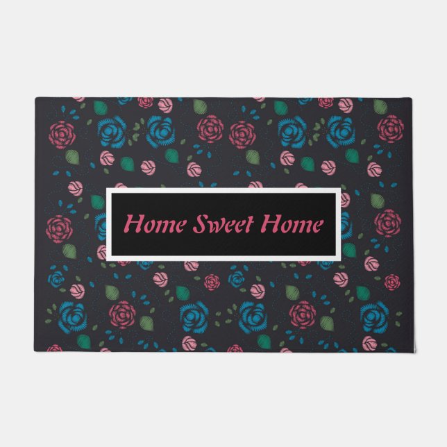 vintage red & blue Floral Pattern Doormat (Front)