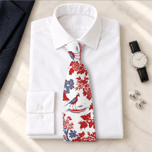 Vintage Red Blue French Delft Chinoiserie Floral Tie