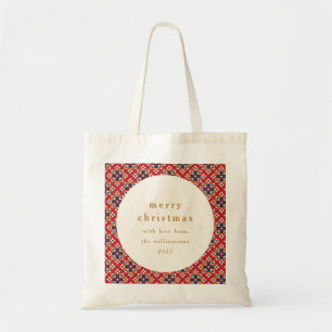 Vintage Red Blue Geometric Custom Merry Christmas Tote Bag