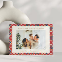 Vintage Red Blue Geometric Two Photo Christmas
