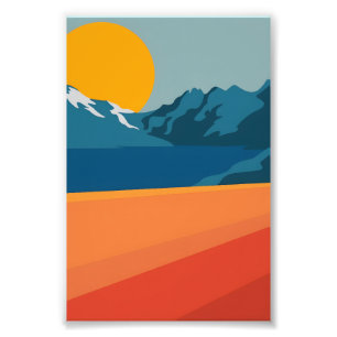 Vintage Red & Blue Mountain Art – Retro Landscape Photo Print