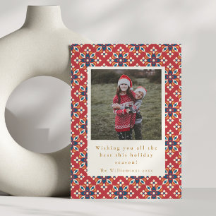 Vintage Red Blue Pattern Vertical Photo Christmas Holiday Card