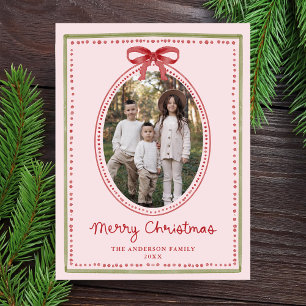 Vintage Red Bow Blush Pink Christmas Photo Holiday Postcard