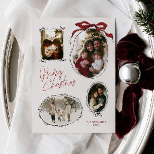 Vintage Red Bow Christmas Family Photo Collage Holiday Card