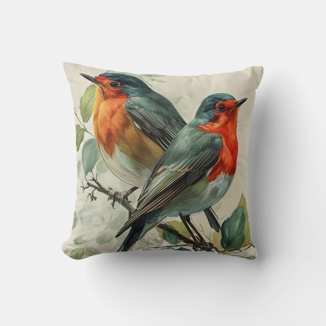 Vintage Red-Breasted Robin Cushion (Front)