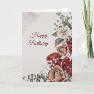 Vintage Red Bronze White Roses Floral Birthday Card