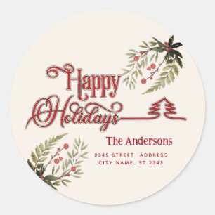 Vintage Red calligraphy Happy Holidays Classic Round Sticker
