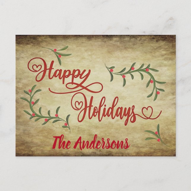 Vintage Red calligraphy Happy Holidays holly  Holiday Postcard (Front)
