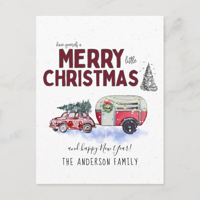 Vintage Red Camper Christmas Postcard (Front)
