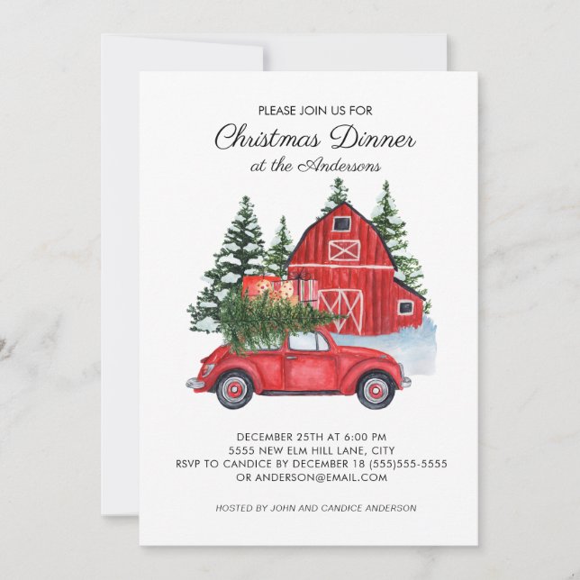 Vintage Red Car Barn Christmas Tree Dinner Invitation (Front)