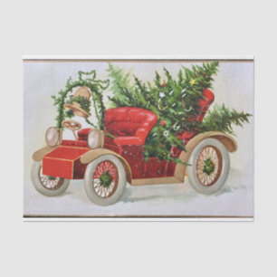 Vintage Red Car Carrying Christmas Trees Tissue Paper
