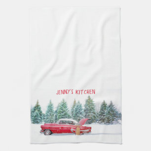 Vintage Red Car Christmas Tea Towel