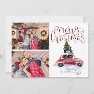 Vintage Red Car Christmas Tree   Photo Collage Holiday Card