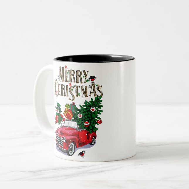 Vintage Red car  Christmas Two-Tone Coffee Mug (Front Left)