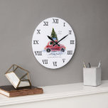 Vintage Red Car Farmhouse | Family Name Large Clock<br><div class="desc">Add a stylish & trendy look to your home or office with our rustic red car Christmas clock. Featuring a vintage red car to add to the rustic charm. We are slightly obsessed with plaid and little red cars with Christmas trees this season. Wood-grain accents and outdoor-themed decorations will help...</div>
