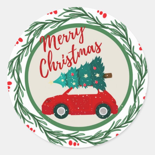 Vintage red car merry christmas  classic round sticker (Front)