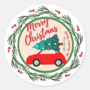 Vintage Red Car Merry Christmas Personalised Name Classic Round Sticker