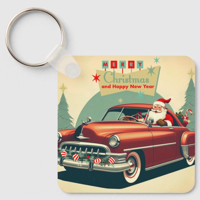 Vintage red car & Santa Key Ring (Front)