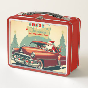 Vintage red car & Santa Metal Lunch Box