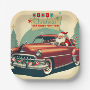 Vintage red car & Santa Paper Plate