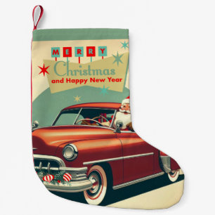 Vintage red car & Santa Small Christmas Stocking