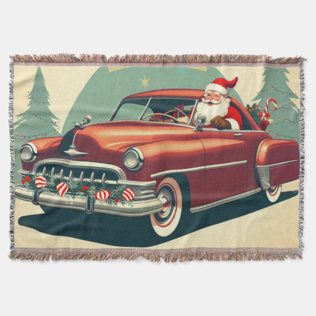 Vintage red car & Santa Throw Blanket (Front)