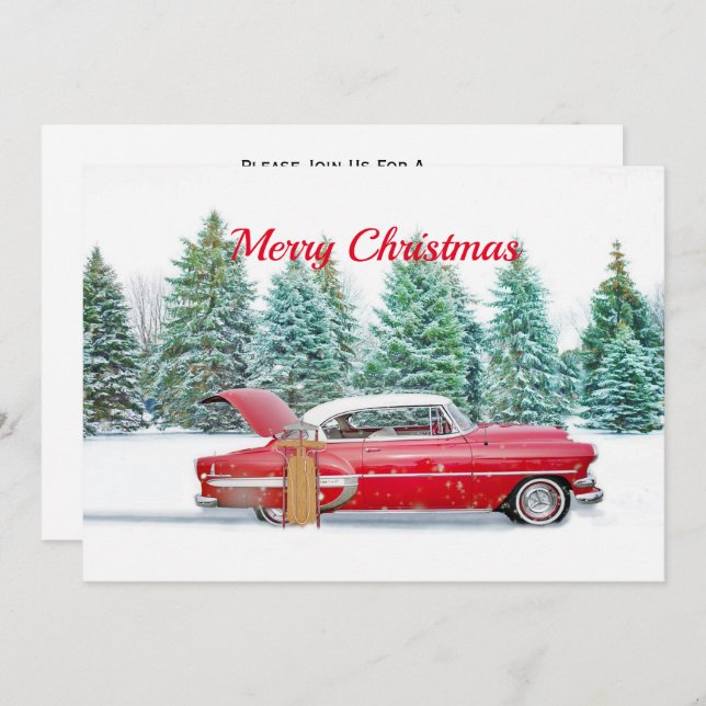 Vintage Red Car Snow Sled Christmas Invitation (Front/Back)