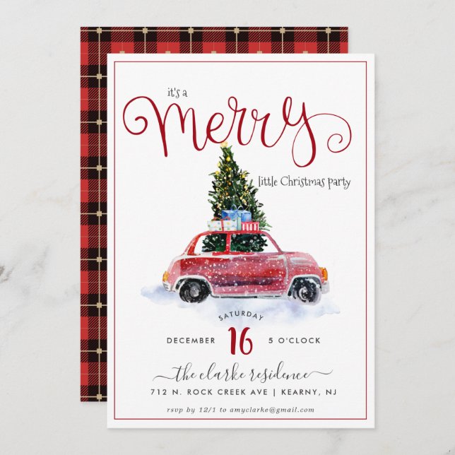 Vintage Red Car w/ Christmas Tree Invitation (Front/Back)